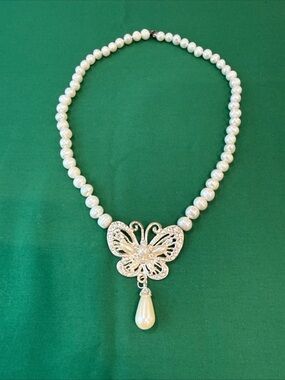 White Pearl Necklace with Crystal Butterfly Pendant and Teardrop Pearl